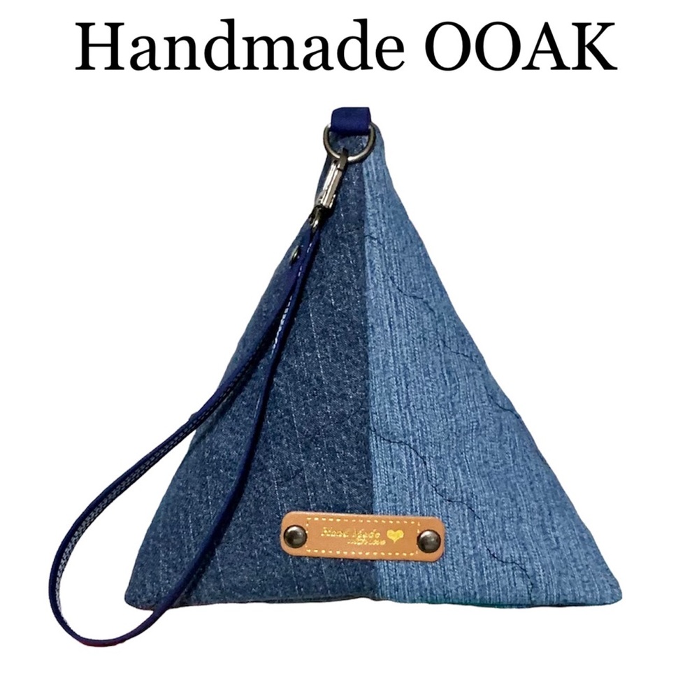 HAND CRAFTED Jean Pyramid Bag Mini Clutch/wristlet, Two Shades of Denim Quilted